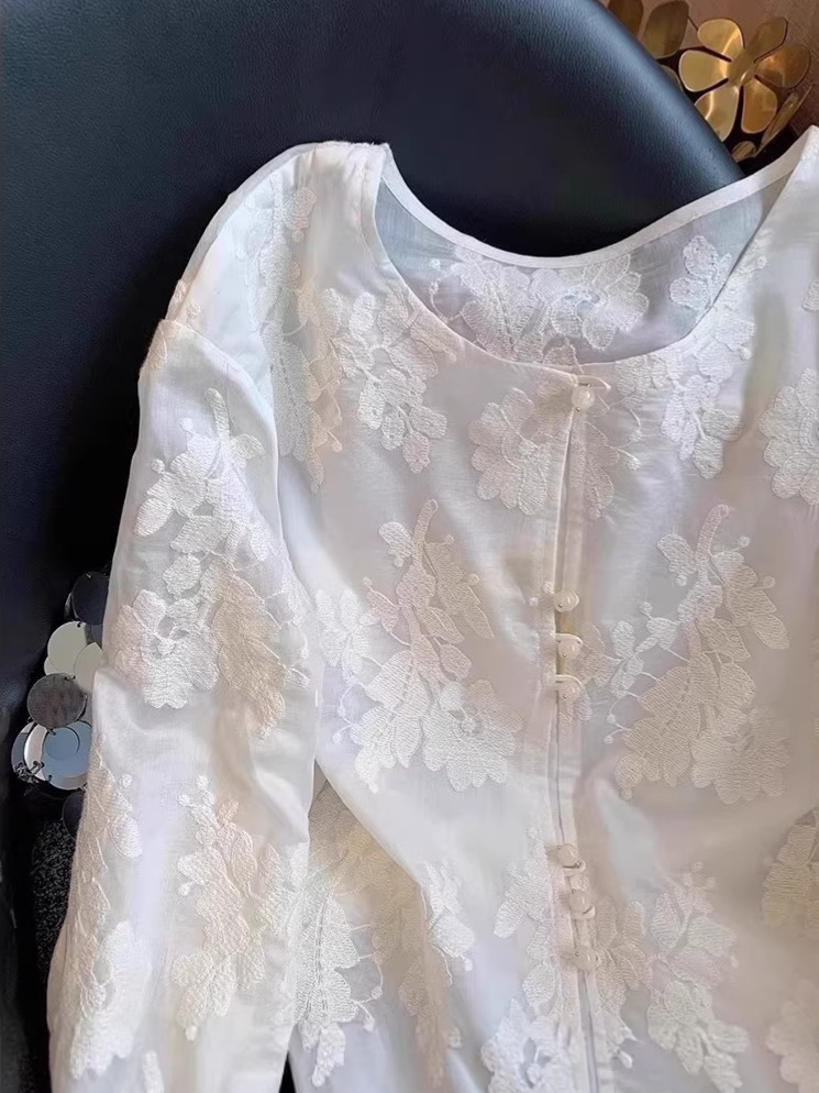 Áo sơ mi ren trắng phong cách Trung Quốc mới, dáng rộng, tay ngắn, chống nắng mỏng mùa hè — Màu mơ ([phiên bản chống nắng một lớp])