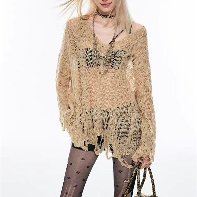 Fried street lazy style American hot girl sexy early Spring Hollow knitted sweater blouse slightly transparent atmosphere feeling stacked top