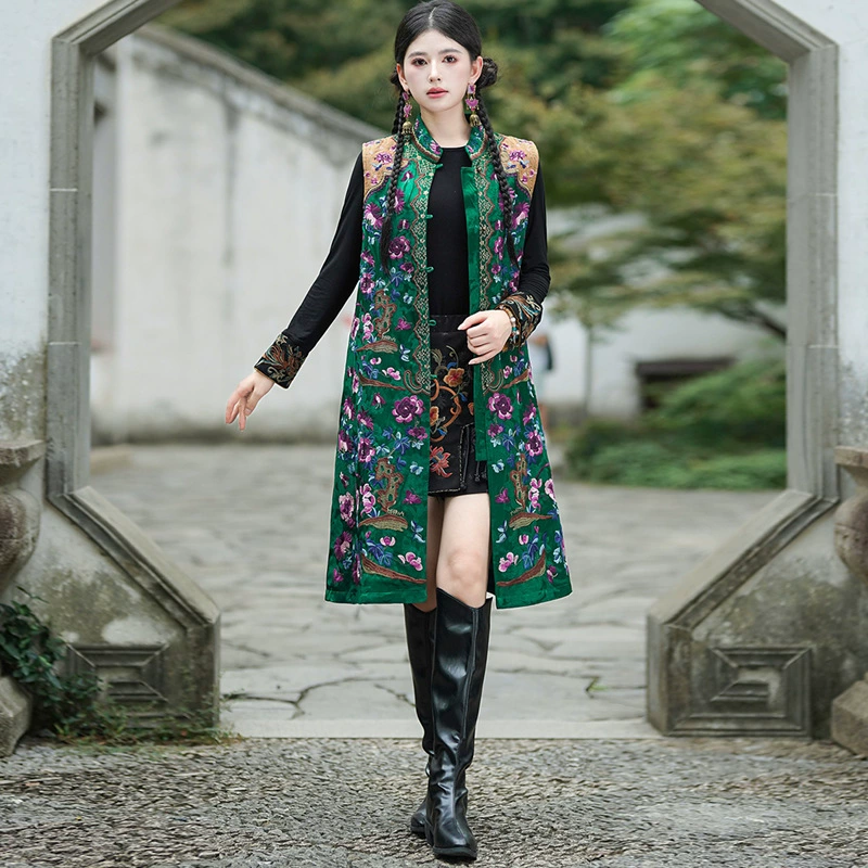 Высокое качество физический магазин новый китайский стиль жакет куртка ветровка средняя длинная этническая вышитая выемка воротник женский жилет