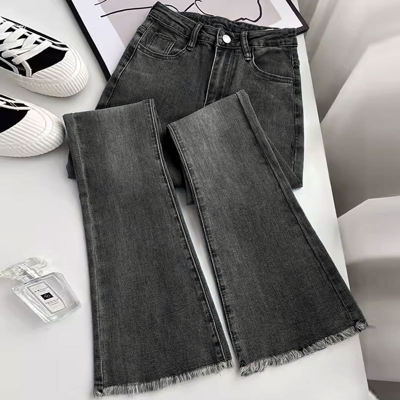 Meituan オンライン スーパーマーケットの女性用ブルーのローエッジ ブーツカット ジーンズ、夏用ハイウエスト痩身梨型ボディ パンツ|undefined