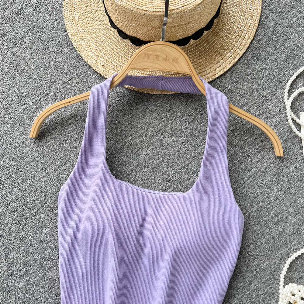 84g Weight Cotton, Rib Fabrics Fabric Type Short Top Length Vest Tops Type Holiday, Banquet, Daily Occasion Halter Neck Neckline Slim Fit Type Solid Color Pattern Summer Season Women's Gender Elegant, Streetwear Style Wholesale Women's Elegant Streetwear Solid Color Tank Tops 30