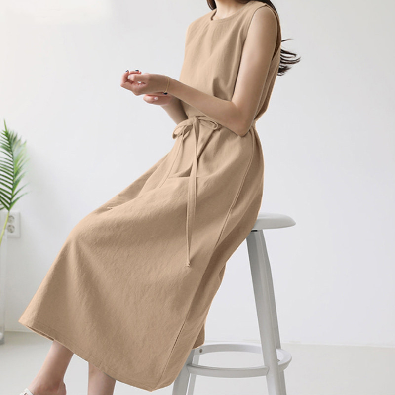European And American Cross-border Women's Fashion Loose Bohemian Sleeveless Round-neck Solid Color Cotton-linen Long_ecoleips.com
