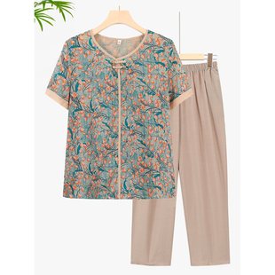 Middle-Aged and Elderly Women's Summer Clothes, Mother's Summer Suit, Grandma's Shirt, Thin Short-Sleeved Two-Piece Set for the Elderly, Mother-In-Law's Clothes