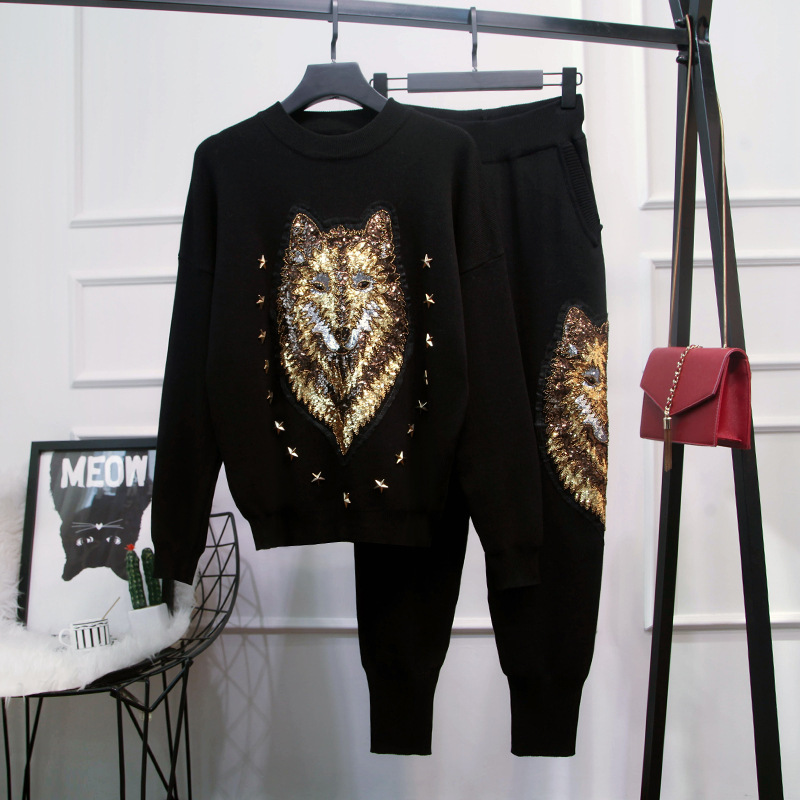 European Station sports suit 2023 autumn new women's sequined leopard sweater sweater pants two-piece set