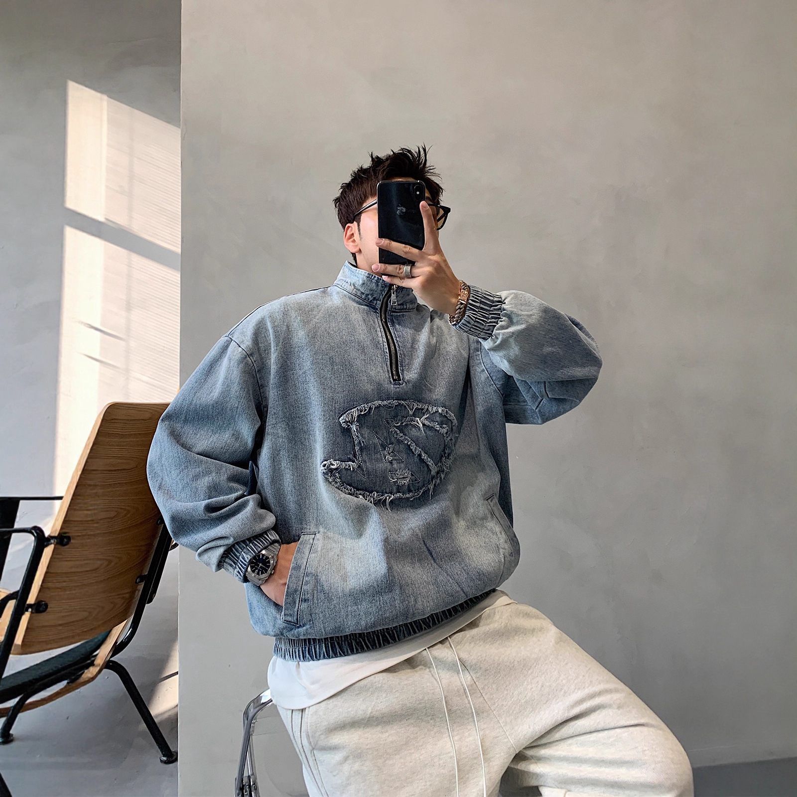 2025秋季设计感做旧套头立领冲锋衣夹克牛仔衣外套男潮牌