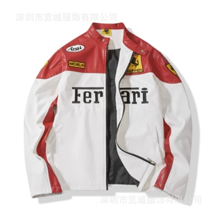 F1赛车服刺绣法拉利PU皮夹克摩托车骑行复古外套美式皮衣外套定制
