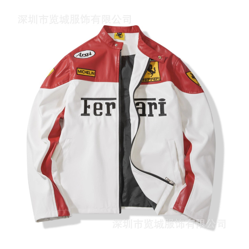F1 Racing Suit Embroidered Ferrari Pu Leather Jacket Motorcycle Cycling Retro Jacket American Leather Jacket Customization