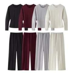 欧米のクロスボーダー婦人服卸売女性用両面布丸首長袖上着ハイウエストワイド脚ズボンカジュアルスーツ