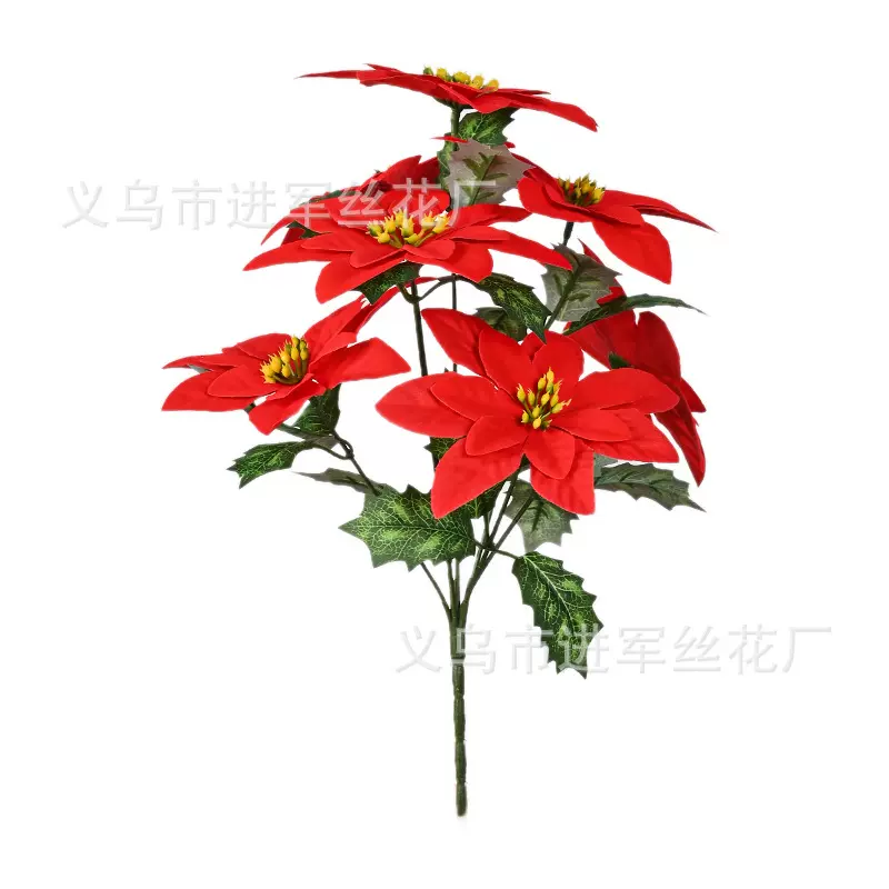 仿真7叉圣诞花 一品红圣诞装饰用品假花束节日活动婚庆用品批发