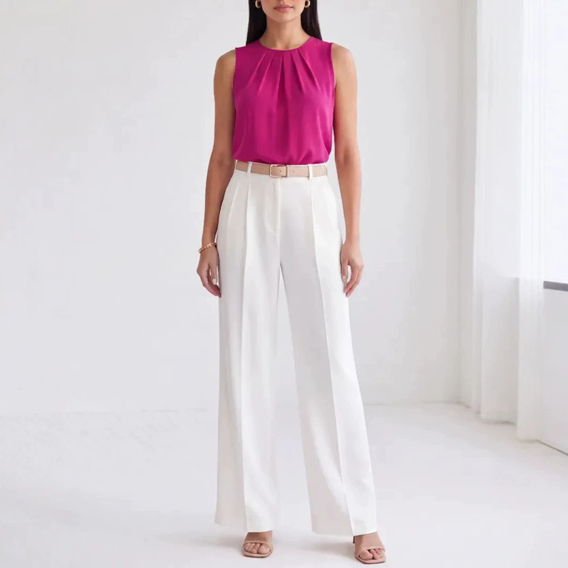 New summer sleeveless top with round neck and pleated design, elegant commuter vest, available in printed and solid colors, versatile shirt New summer sleeveless top with round neck and pleated design, elegant commuter vest, available in printed and solid colors, versatile shirt