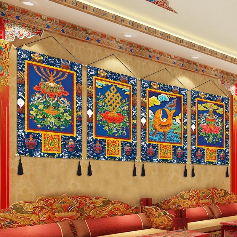 Xizang Eight Auspicious Symbols Tapestry for Living Room Background or Entrance Decoration Thangka Tapestry