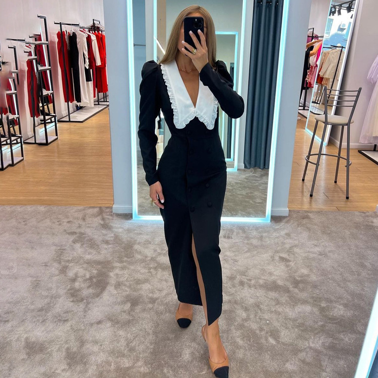 2026 European and American New Autumn and Winter Women's Fashion Trends Black and White Contrasting Color Slit Long Skirt Doll Collar Long-Sleeved French Dress
