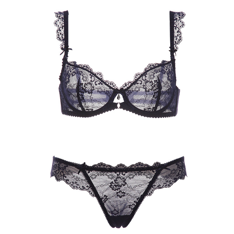 Ropa interior de pecho grande transparente de encaje sexy europeo y americano anillo de acero de verano para mujer ultrafino transpirable talla grande traje de sujetador