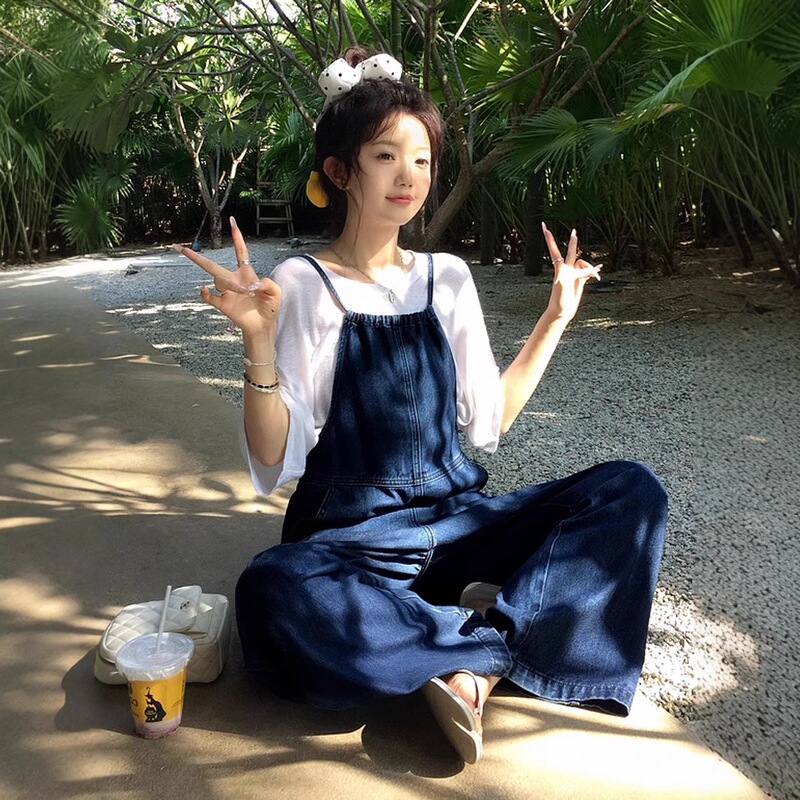 Women's Denim Overalls Japanese Style Summer Thin Strap Design Loose Wide-Leg Pants Retro Straight-Leg Trendy Jumpsuit Women's Denim Overalls Japanese Style Summer Thin Strap Design Loose Wide-Leg Pants Retro Straight-Leg Trendy Jumpsuit
