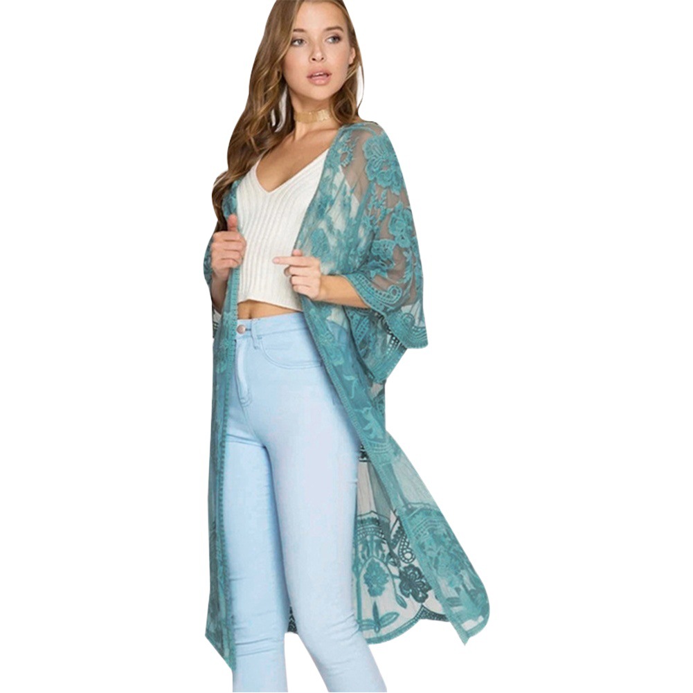Cross-Border Amazon Lace Blouse Mesh Embroidered Vacation Sun Protection Cardigan Beach Jacket Bikini Swimsuit Outer Wear
