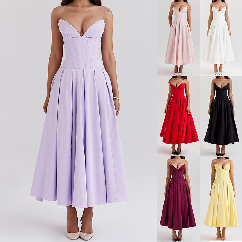 European and American Sexy Elegant Style Fishbone Waist Deep V Tube dress Evening Dress Elegant Sexy Large Swing Long Dress for Women