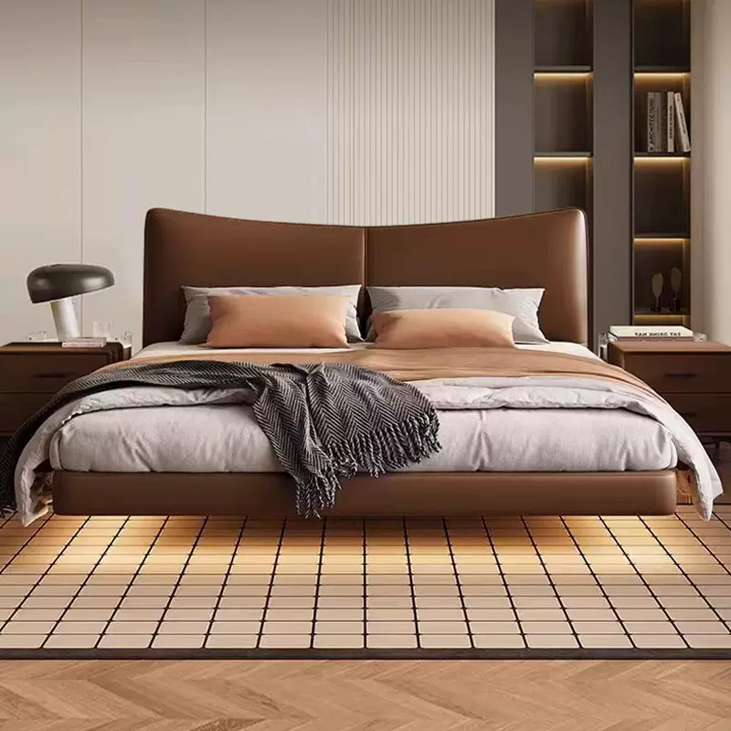 意式极简悬浮床 现代简约主卧皮艺床软包双人床头层真皮床可定制