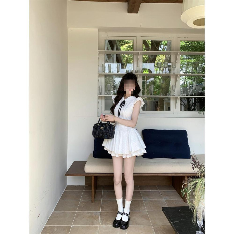 青春甜美少女感小白裙袖连衣裙小个子初恋感结蓬蓬短裙女|undefined