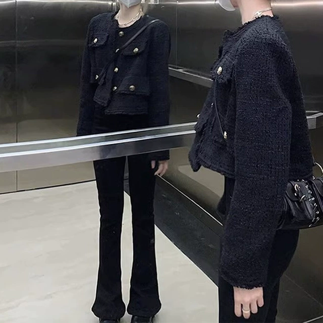 Чёрная осенняя короткая куртка, стиль Chanel, 2025 год, французский стиль, высокий качество, для подростков