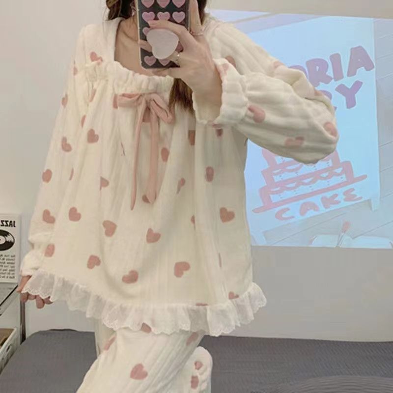 Al por mayor transfronterizo explosión 220 gramos de franela amor de la princesa de encaje de melocotón de invierno engrosado pijamas ropa doméstica de mujer