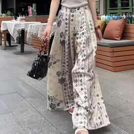 2025夏季新款复古印花高腰阔腿裤女薄款休闲垂感宽松直筒裤高级感