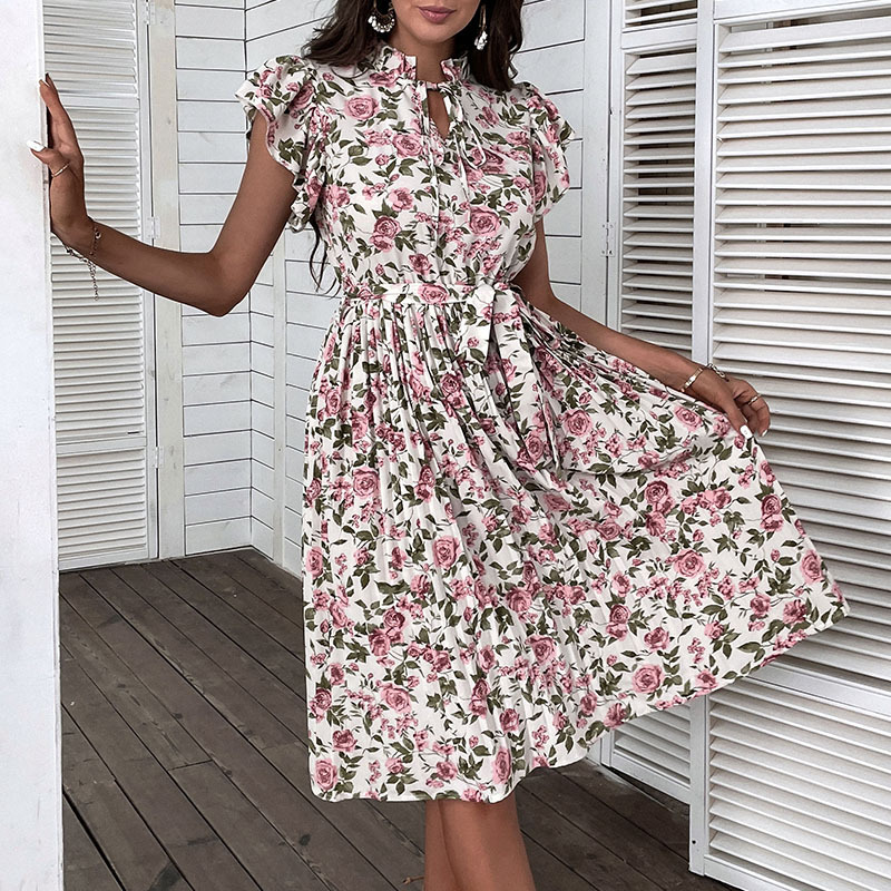 【Bai Fen Zhi Yi】Cross-Border Summer European and American Sweet and Cute Floral Mid-Length Ruffled White Dress