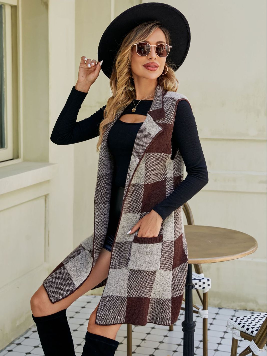 Cross-border popular de las mujeres de traje largo cuello suéter sin mangas de la capa de Plaid Jacquard de punto chaleco cardigan exterior image 7