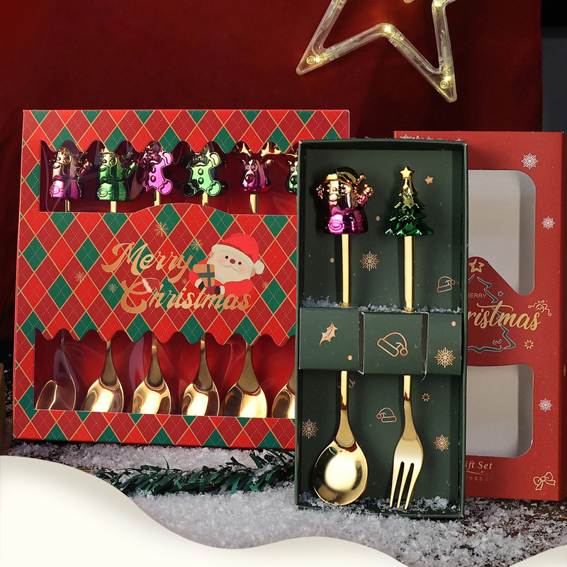 Cross-Border Christmas Tableware Colorful Stainless Steel Spoon Cartoon Christmas Spoon and Fork Stainless Steel Dessert Fork Gift Set