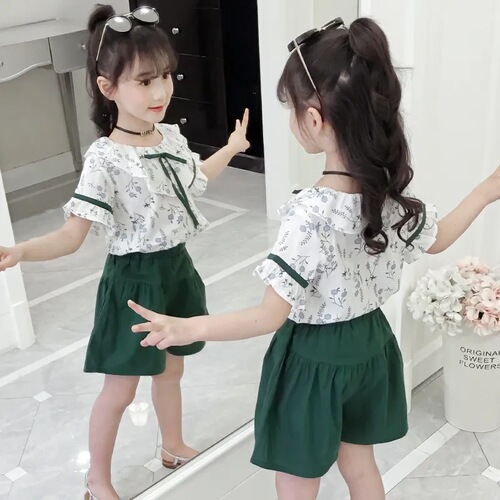 Girls' Summer Set  New Children's Short Sleeve Summer Clothes for Older Children Two-Piece Set for Little Girls Fashionable and Trendy