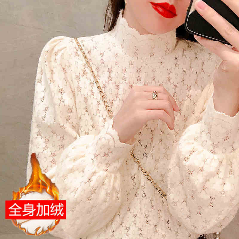 Half Turtleneck Lace Bottoming Shirt for Women in Autumn and Winter, Versatile White T-Shirt 2022 New Style, Long-Sleeved Top with Inner Wear