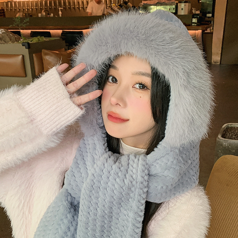 Autumn and Winter Plush Women's Large Headband Windproof Ear Scarf One Piece Hooded Thickened Warm Woolen Hat_voghion.com