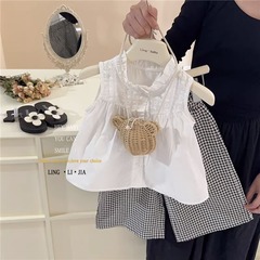 女童套裝夏季韓版新款洋氣時尚木耳花邊背心九分格子闊腿褲兩件套