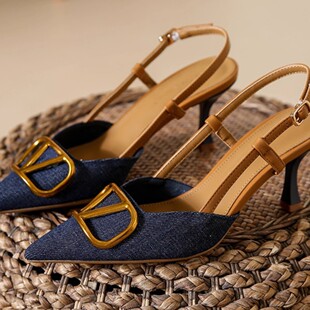 Women's Summer New 7cm Thin Heel Fashionable Sexy V Buckle Pointed Not Tired Feet Wear Denim High Heels