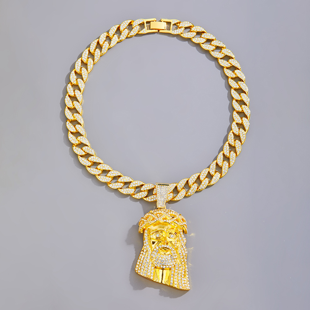 Portrait Necklace For Men With Rhinestones And Cuban Chain_voghion.com