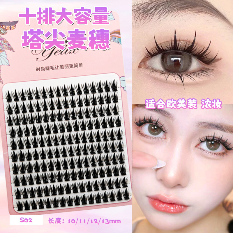 Fábrica de pestañas de espilla de trigo doble punta al por mayor pestañas falsas duras flores de sol naturales densas cómic pestañas sin cola