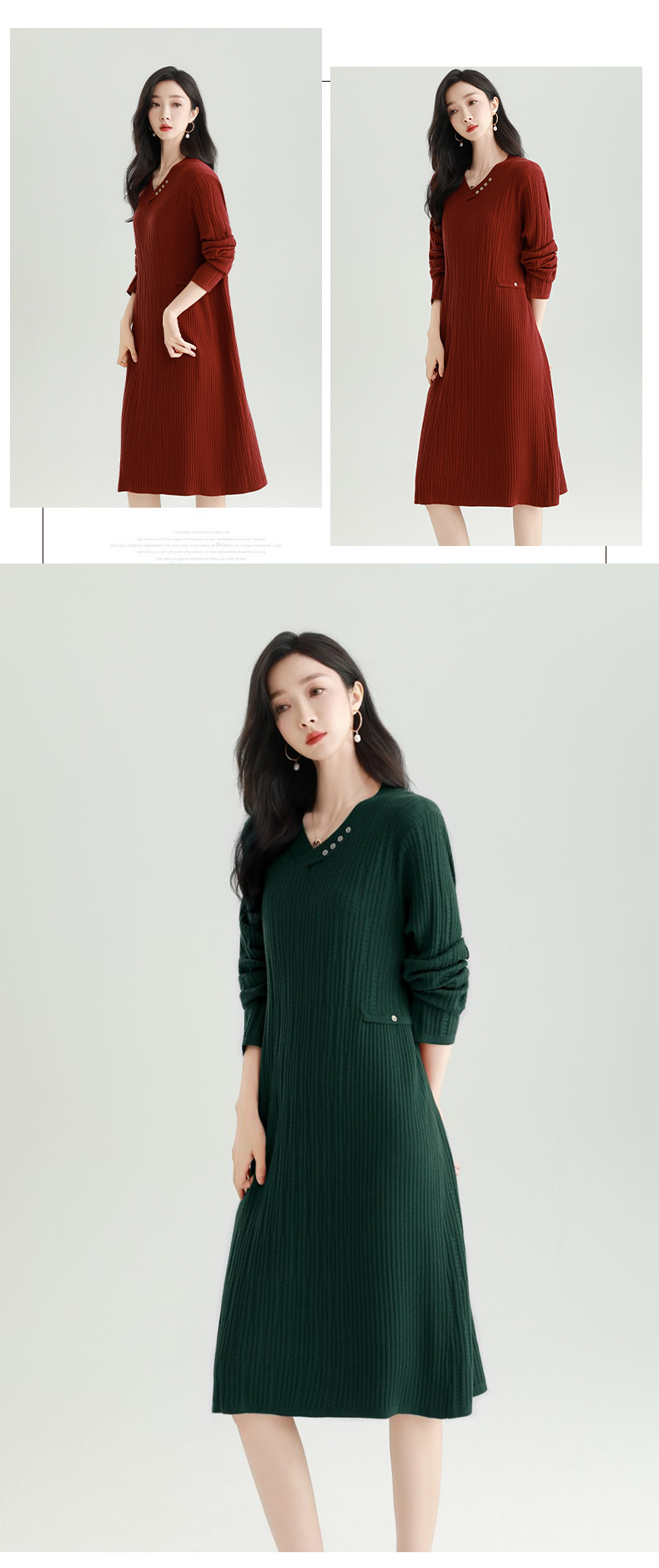 GraceChic 2025 Autunno Nuovo Scollo a V Lavorato a Maglia Taglie Forti Moda Donna Snellente Casuale Tinta Unita Abito Lungo_voghion.com