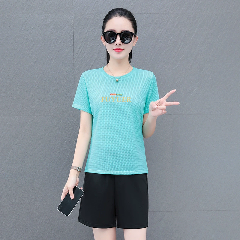 Шорты с короткими рукавами из ледяного шелка Спортивный набор моды Летний досуг Леди Быстросохненные брюки с короткими рукавами Спортивный набор