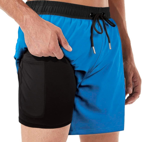Hot-selling men's swimming trunks with compression lining two-in-one casual fitness five-point beach pants with pockets swimming trunks