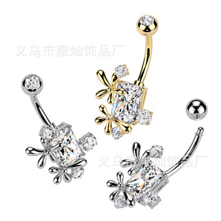 1PC Fashion Exquisite Flower Navel Ring Stainless Steel Synthetic Zircon Umbilical Ornaments Human Body Piercings