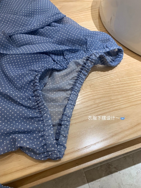 【WGWE】6795清冷氧气感时髦蓝色挂脖飘带波点宽松长袖衬衣小衫|undefined
