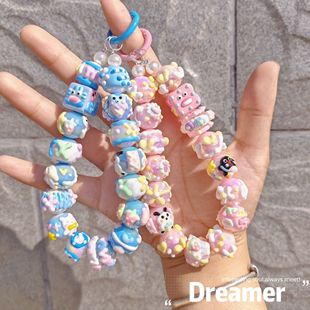 Tide Play Live Beaded Square Cartoon Hand-painted Beads Mobile Phone Chain Keychain Bag Pendant Dopamine Color System