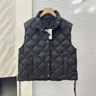 2024 Autumn/Winter Small Gold Button Hem Drawstring Short Diamond Check Vest Stand Collar White Duck down Jacket Women's Vest