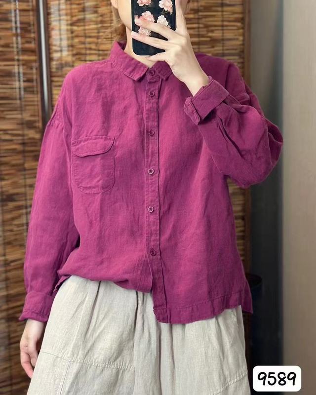 2025早秋新款亚麻衬衫女韩版气质休闲百搭减龄长袖小开衫翻领上衣|undefined