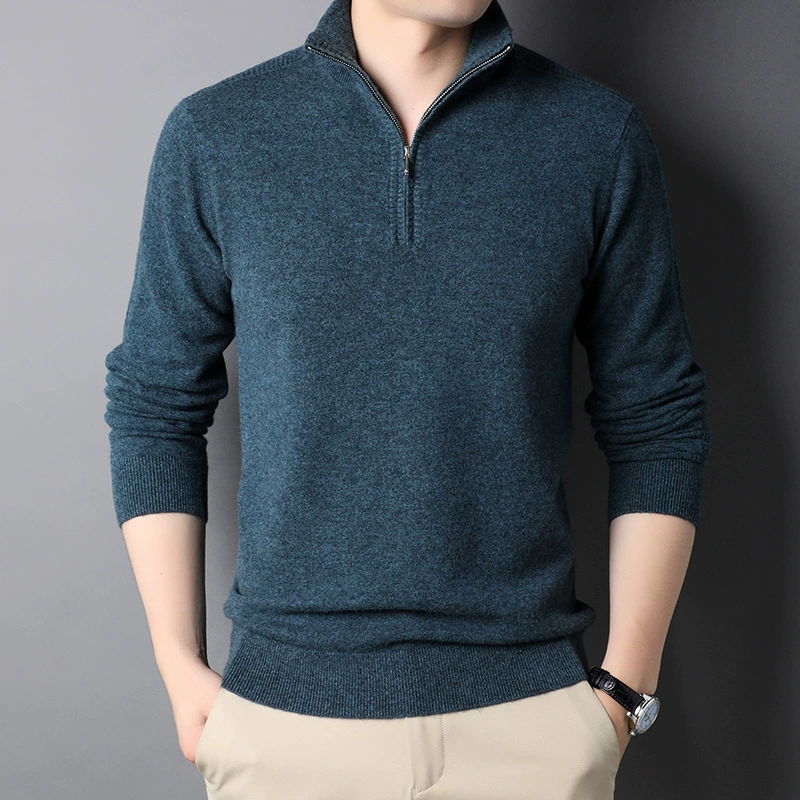 Colored woolen men's demi-season keep warm knitted sweater with zipper, 2021 collection, slim fit