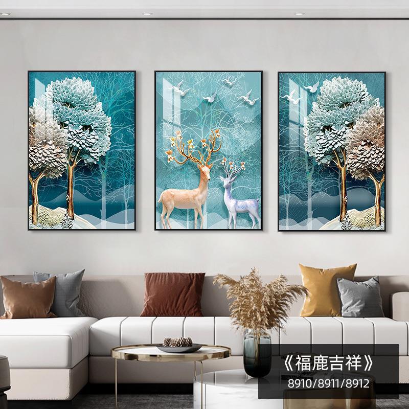 简约大气沙发背景墙聚宝盆山水画酒店宾馆客厅装饰画中式画福鹿|undefined