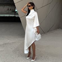 欧美跨境2025秋新款半高领斜边连衣裙名媛气质宽松无袖礼服长裙女