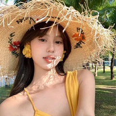 2025夏の新しい花の毛の辺の拉菲の麦わら帽子の女性の海辺の休暇の砂浜の帽子の日焼け止めの帽子の日よけの帽子は国境を越えます。