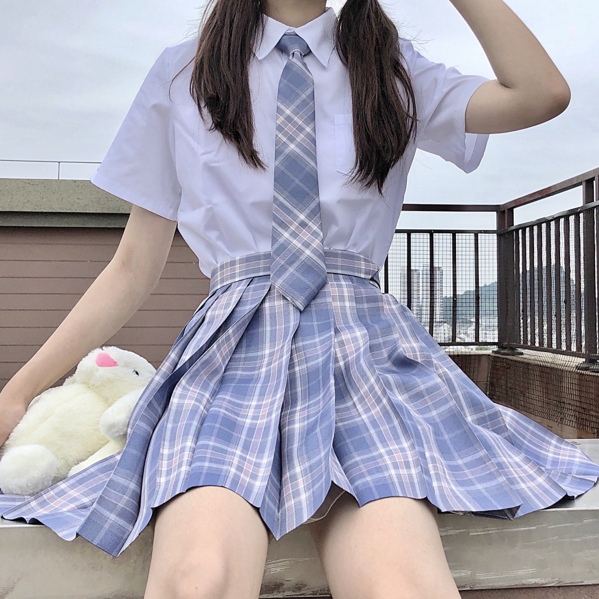 보라색 연기 JK 유니폼 스커트 오리지널 일본 대학 스타일 반팔 플리츠 스커트 학교 공급 격자 무늬 스커트 정장 여성용 풀 세트