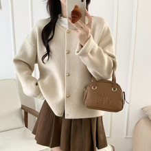 韩版圆领单排扣纯色针织开衫女秋冬季新款宽松慵懒风软糯毛衣外套