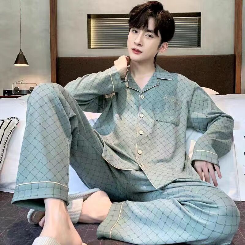 Pijama de hombre primavera y otoño algodón cardigan de manga larga juventud de mediana edad grande se puede usar en el exterior conjunto de ropa de casa